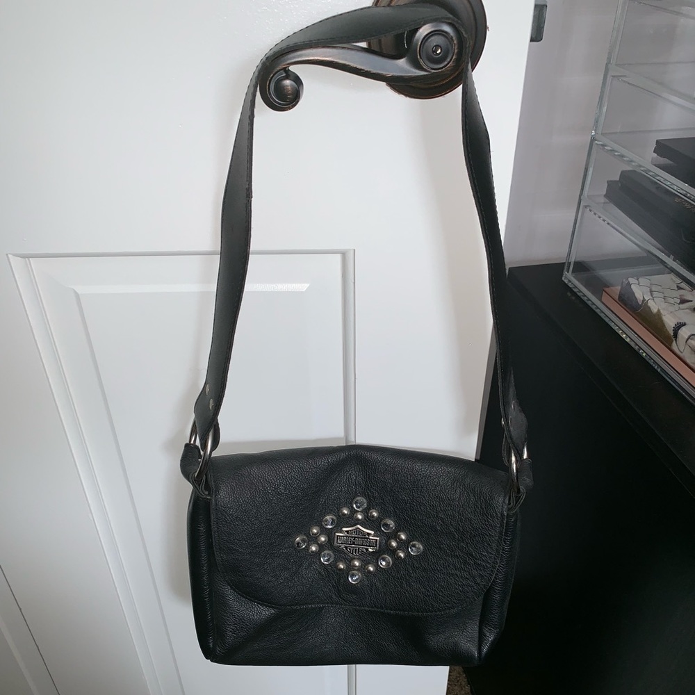 Harley-Davidson Black Leather Shoulder Bag with Stud Accents